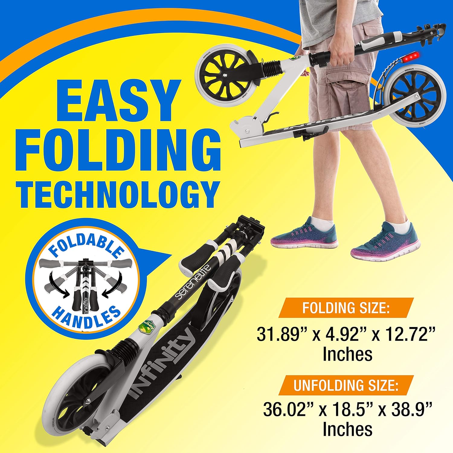 SereneLife Two Wheel Scooter for Teens, Smooth Gliding Kick Scooter for Adults w/Adjustable Height for Ages 8+, Portable All Terrain Scooter w/Carry Straps, Easy to Fold