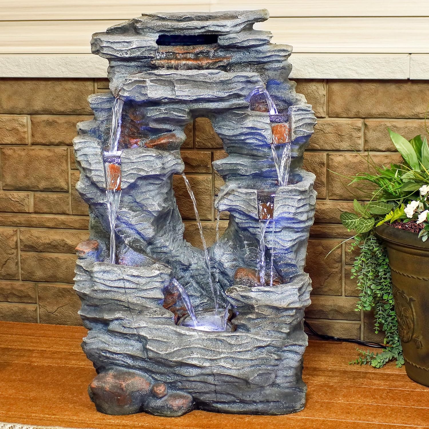 Sunnydaz Dua Cascadin Roc Fall 39-Inc Outdoo Wate Fountai wit LE Light Electri Submersibl Pump