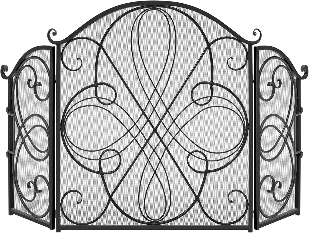 Best Choice Products 3-Panel 55x33in Solid Wrought Iron See-Through Metal Fireplace Screen, Spark Guard Safety Protector w/Decorative Scroll - Black