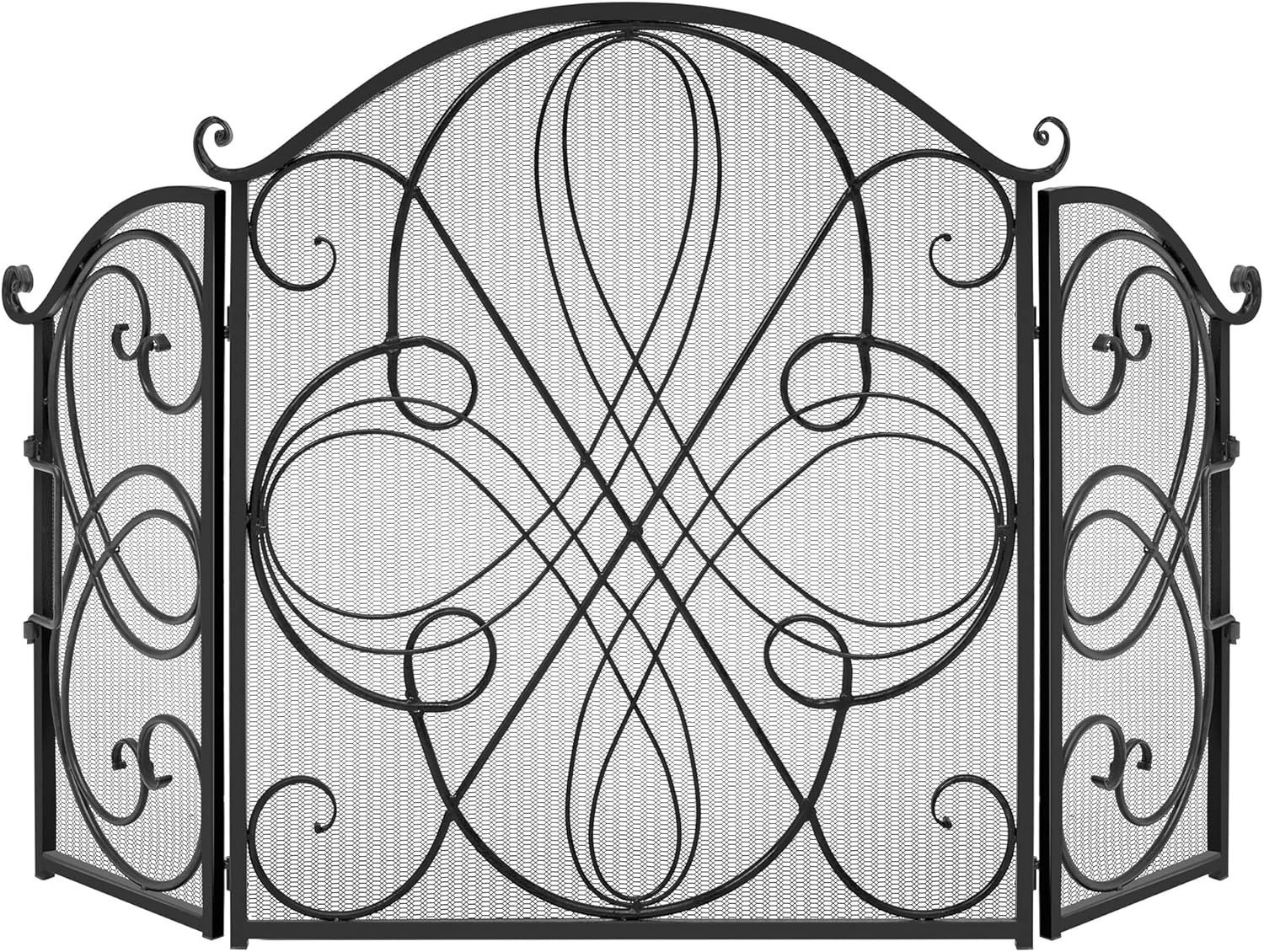 Best Choice Products 3-Panel 55x33in Solid Wrought Iron See-Through Metal Fireplace Screen, Spark Guard Safety Protector w/Decorative Scroll - Black
