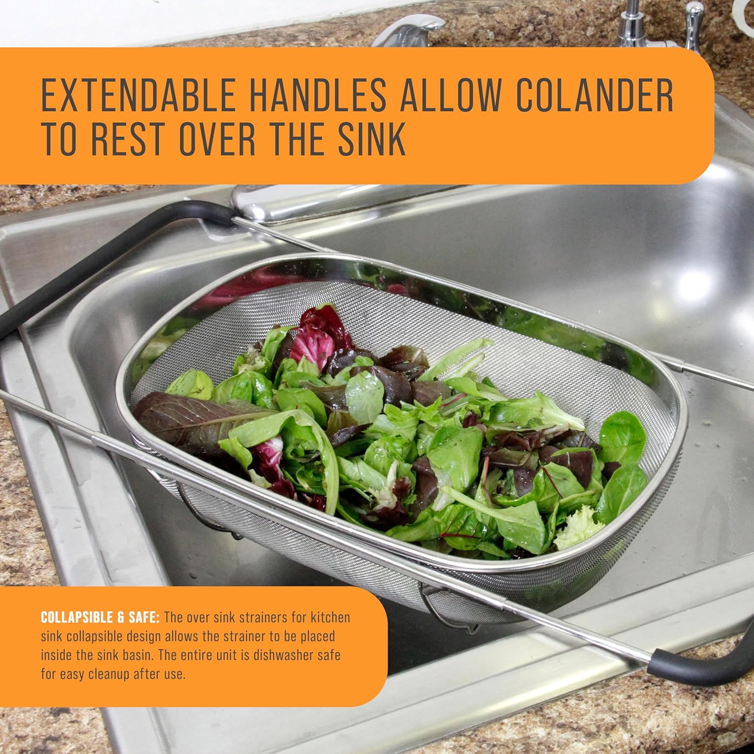 U.S Kitche Suppl Stainles Stee Colande Straine 6-Quar Collapsibl Colande wit Expandabl Rubbe Handle Rectangula Sieve Fin Mes Stainles Stee Strainer an Colander fo Kitchen