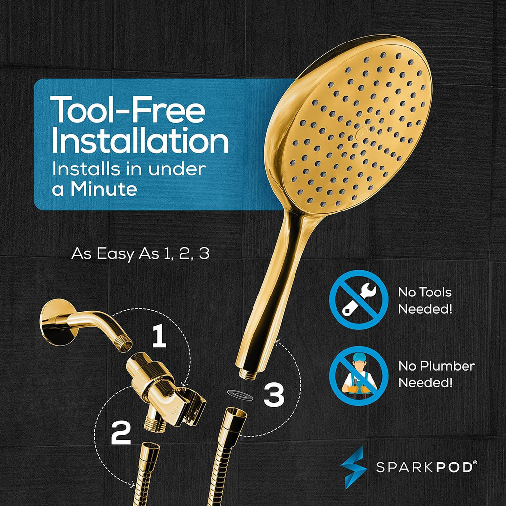 SparkPod High Pressure Handheld Shower Head with Hose - Huge 6-Inch Rainfall Shower Head, Extra Long 6ft. Hose & Adjustable Bracket- Luxury Showerheads- 1-Min Installation (Egyptian Gold)