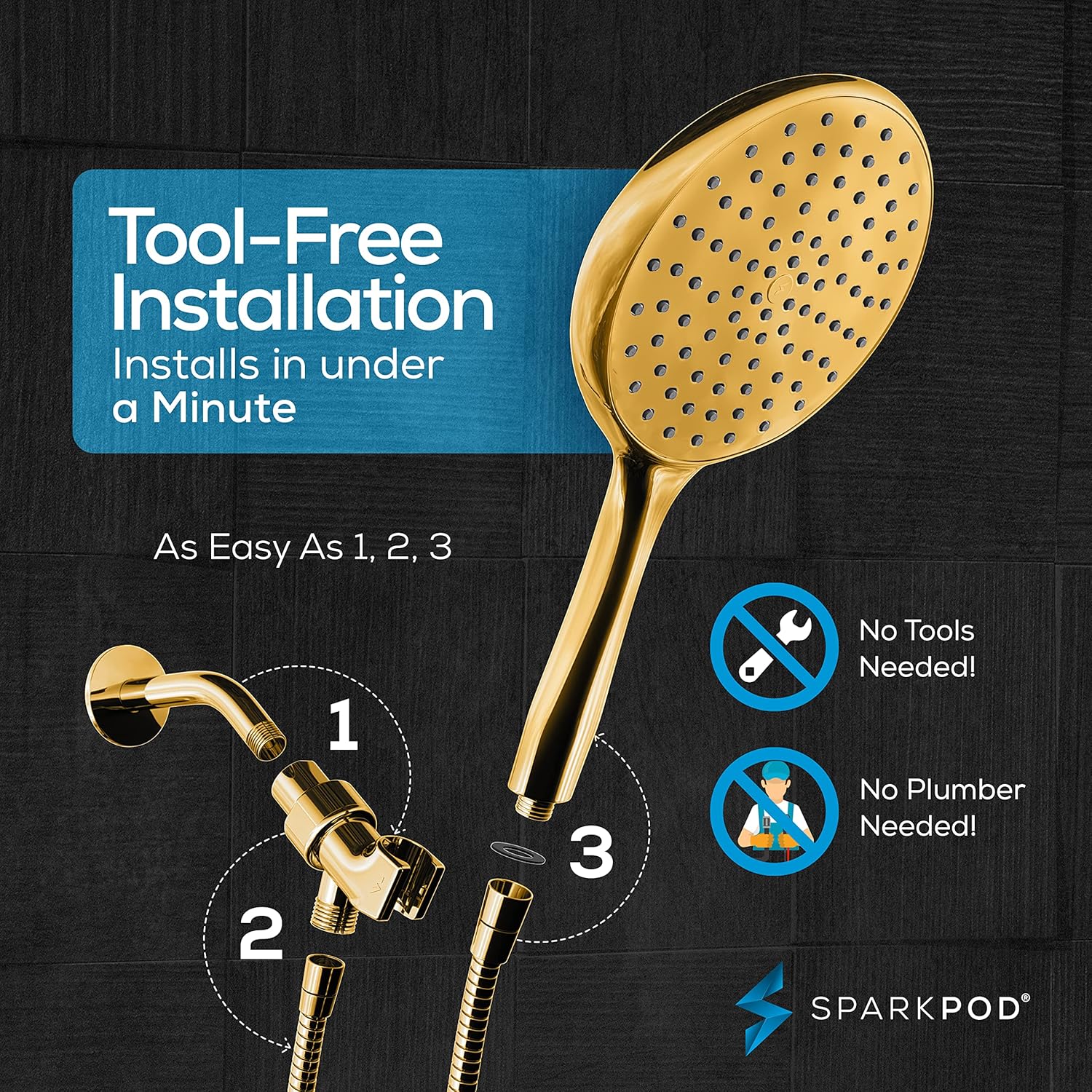 SparkPod High Pressure Handheld Shower Head with Hose - Huge 6-Inch Rainfall Shower Head, Extra Long 6ft. Hose & Adjustable Bracket- Luxury Showerheads- 1-Min Installation (Egyptian Gold)