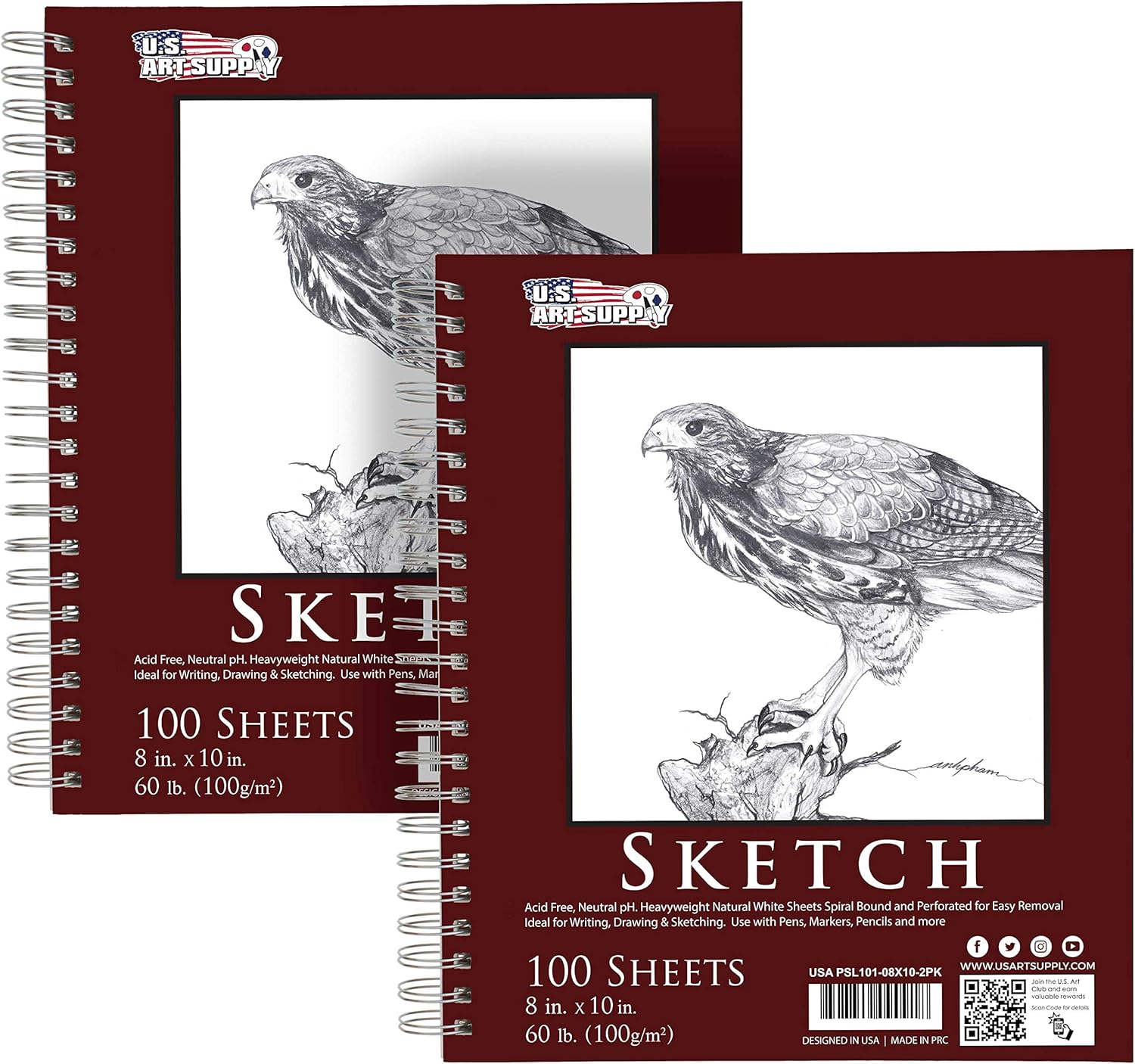 U.S. Art Supply 8inchx10inch Sketch Book Pad, 2 Pack (100 Sheets Each), 60lb (100gsm) Spiral Bound - Sketching, Drawing Pad, Acid-Free Paper - Sketch Pads for Adults, Students: Colored Pencils, Charcoal