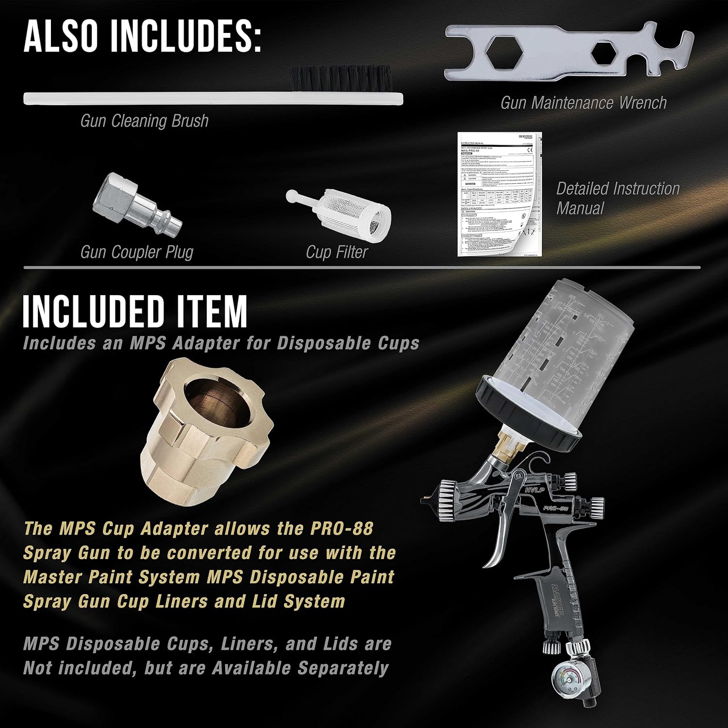 Master Elite Performance PRO-88 HVLP Automotive Spray Paint Gun with 3 Tips 1.3, 1.4 and 1.8mm, 1L Cup, Regulator Gauge, MPS Adapter - Auto Paint Spray Gun for Automotive Basecoats, Clearcoats