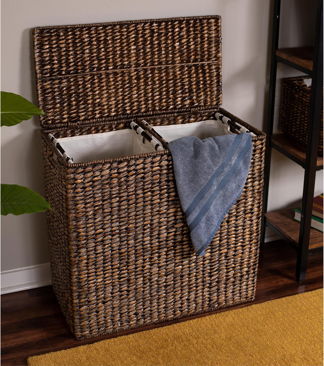 BIRDROCK HOME Oversized Dual Hampers with Lid - Handwoven Natural Seagrass Fiber Compartment Laundry Hamper w/Dual Removable Liners Bag - Split/Two Side Basket for Dirty Laundry, Clothes - Brown Wash