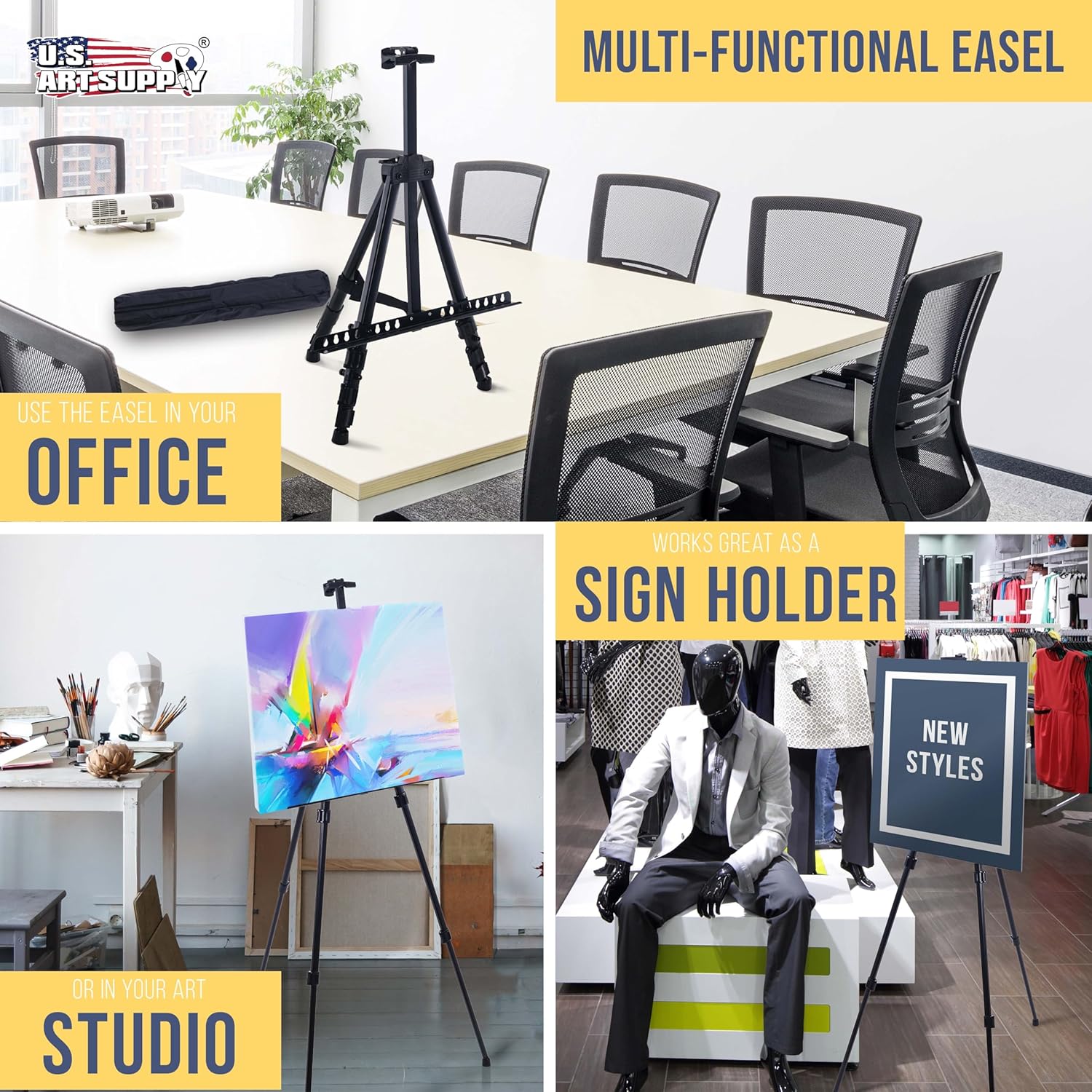 U.S Ar Suppl 66inc Blac Meta Tripo Ease Displa (1 Pack Adjustabl 20inch 5.5' Hold 32inc Canva Floor/Tableto Ease Stand fo Sig Display Painting Poste Board Canva Portabl Bag