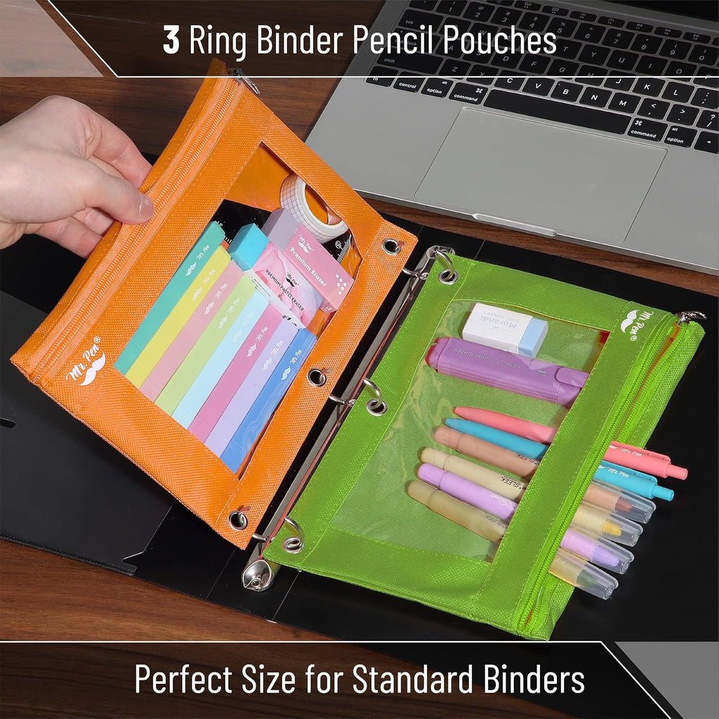 2 Pack Pencil Pouch - Green and Orange Flat Zipper Pouch for 3 Ring Binder