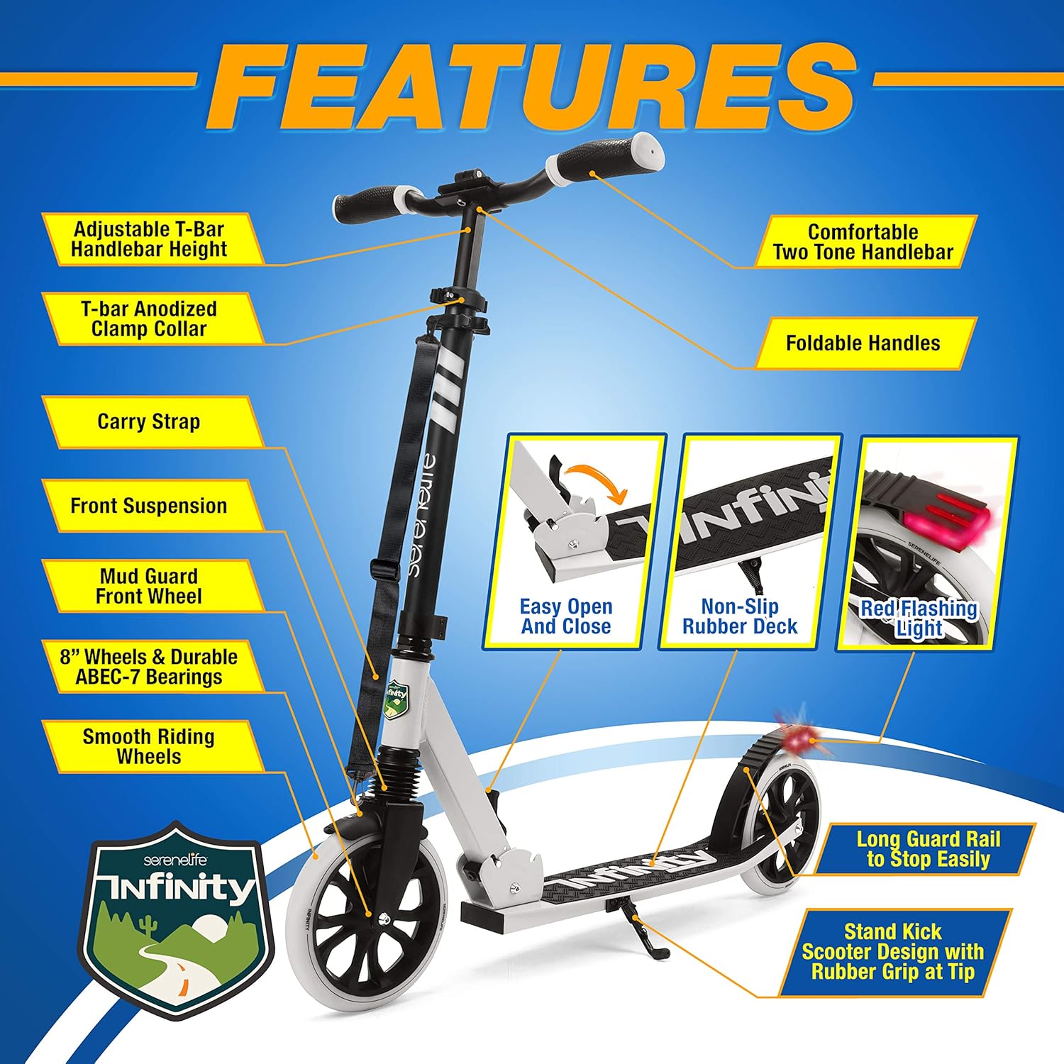SereneLife Two Wheel Scooter for Teens, Smooth Gliding Kick Scooter for Adults w/Adjustable Height for Ages 8+, Portable All Terrain Scooter w/Carry Straps, Easy to Fold