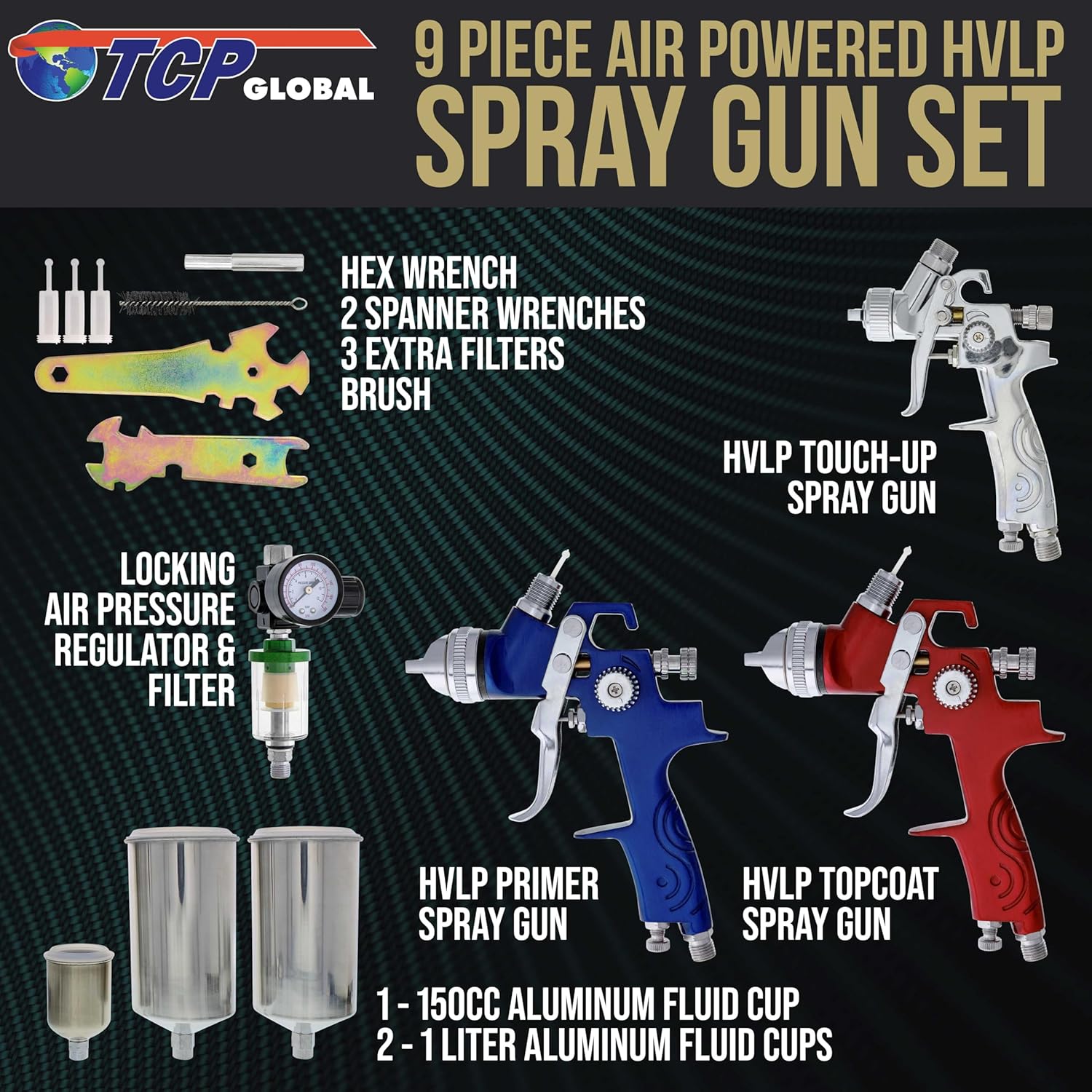 TC Globa HVL Spra Gu Ki fo Aut Pain Se o Sprayer (1.0mm 1.4mm 1.8mm wit Cup Ai Regulato Aut Spra Pain Gu Se fo Primer Topcoa Touch-U (Pistol par Pinta Carros)