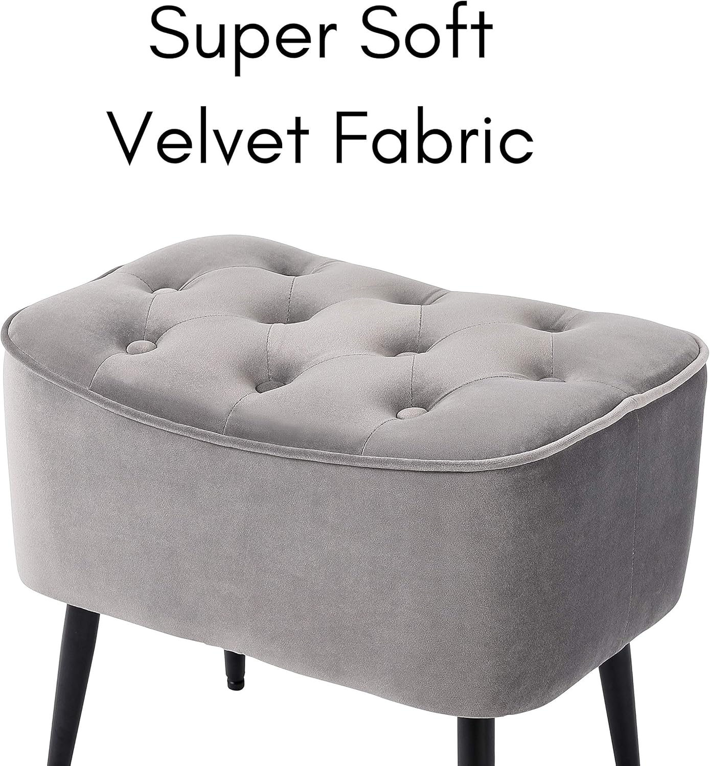 BIRDROCK HOME Tufted Curve Ottoman Velvet Foot Stool - Upholstered Padded Footrest for Living Room or Bedroom - Small Cushioned Accent Chair for Couch, Sofa, Large Seating - Modern Furniture - Grey