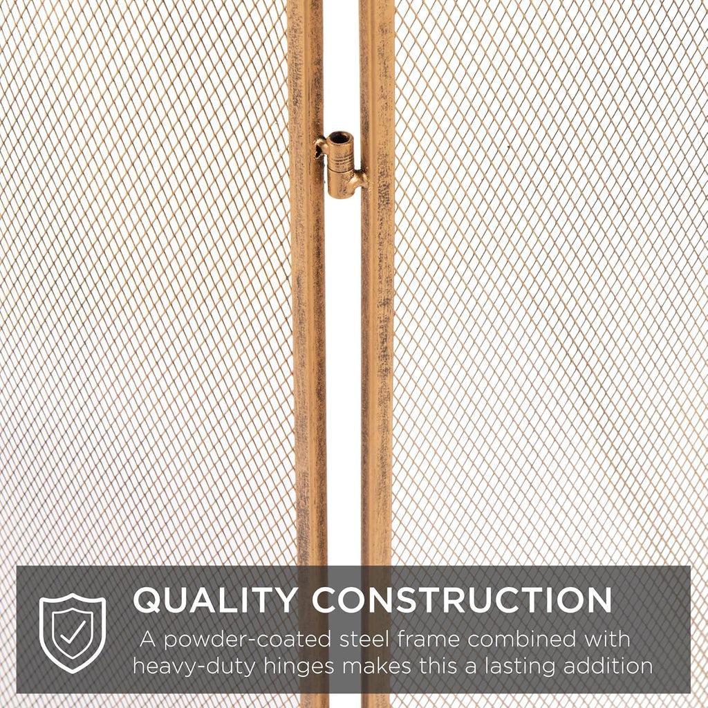 Best Choice Products 47.5x27.25in 3-Panel Simple Steel Mesh Fireplace Screen, Fire Spark Guard Grate for Living Room Home Decor w/Rustic Worn Finish - Antique Gold
