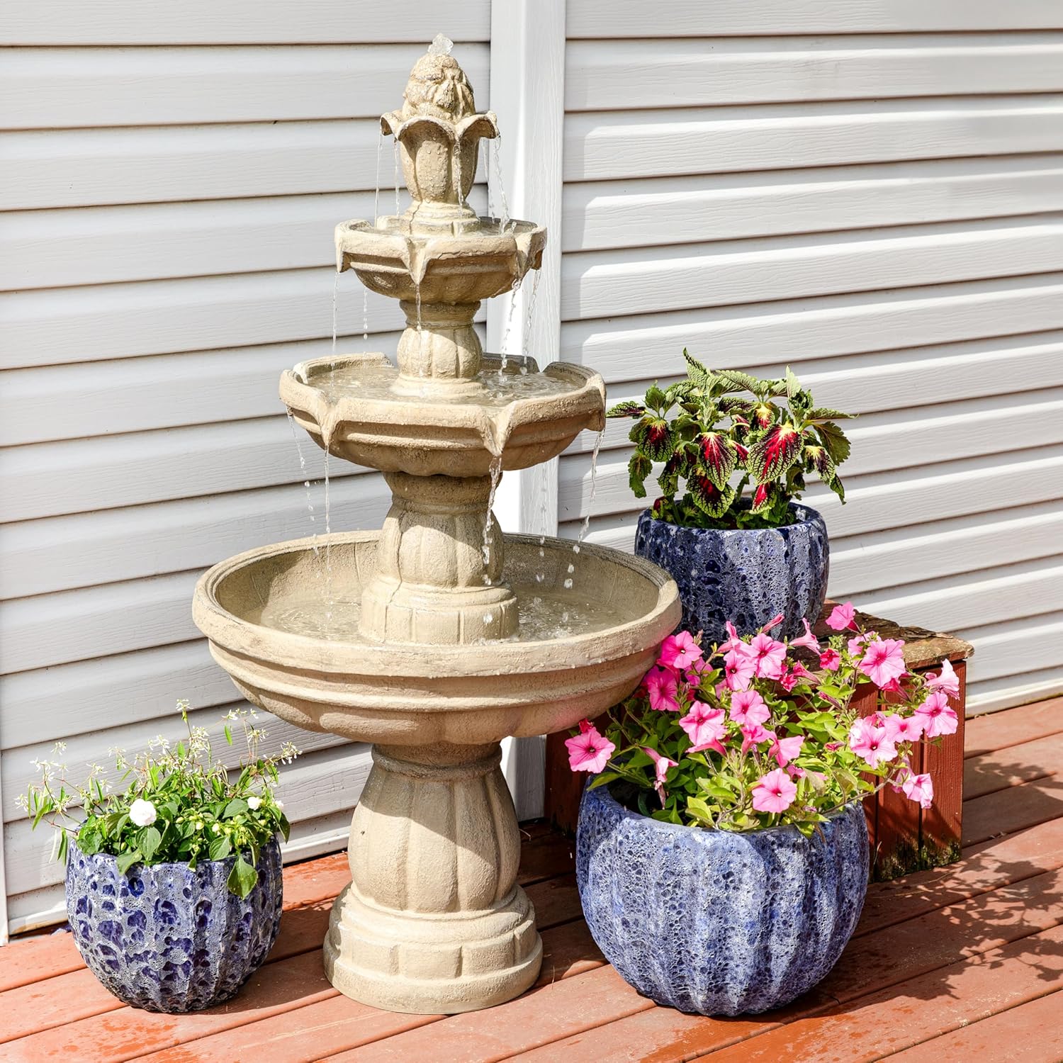 Sunnydaz 48-Inc 3-Tie Electri Wate Fountai Outdoo Wate Featur fo Patio Yar o Dec Outdoo Wate Fountain
