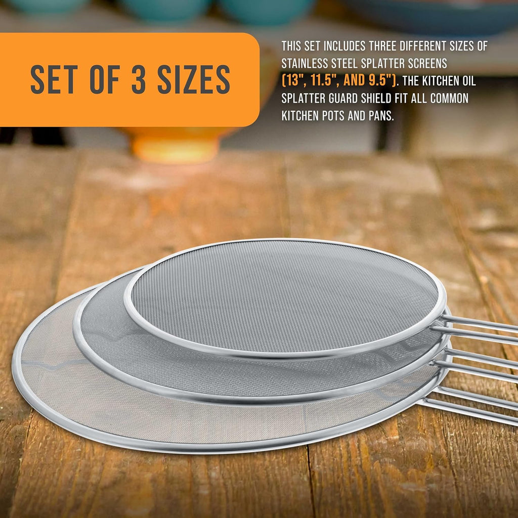U.S. Kitchen Supply Set of 3 Stainless Steel Splatter Screen - 13inch, 11.5inch 9.5inch Sizes - Fine Mesh Splatter Screen with Resting Feet Set, Grease Guard for Kitchen Pots and Pans