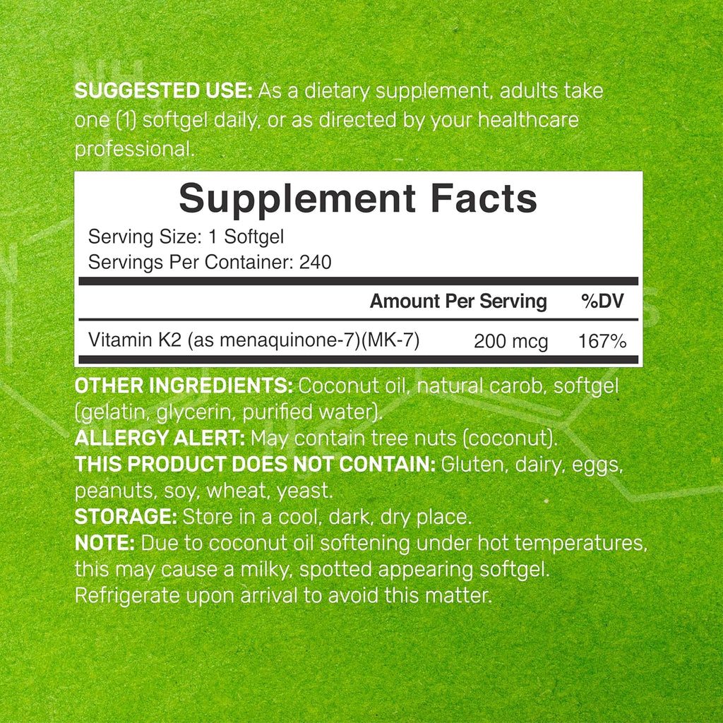 DEA SUPPLEMEN Vitami K MK- 200mc Pe Serving 24 Coconu Oi Softgel Easil Absorbe Menaquinone- For Bone Joint Immun Suppor Non-GMO