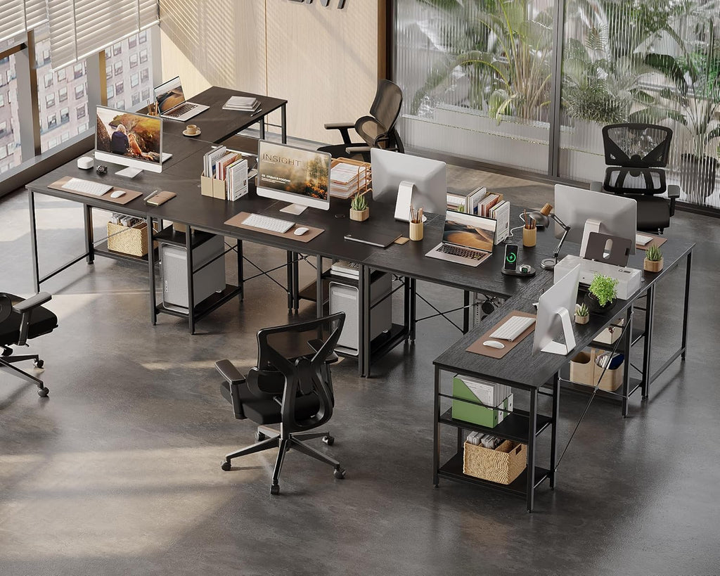 Bestier L Shaped Desk with Shelves 95.2 Inch Reversible Corner Computer Desk or 2 Person Long Table for Home Office Large Gaming Writing Storage Workstation P2 Board with 3 Cable Holes, Black