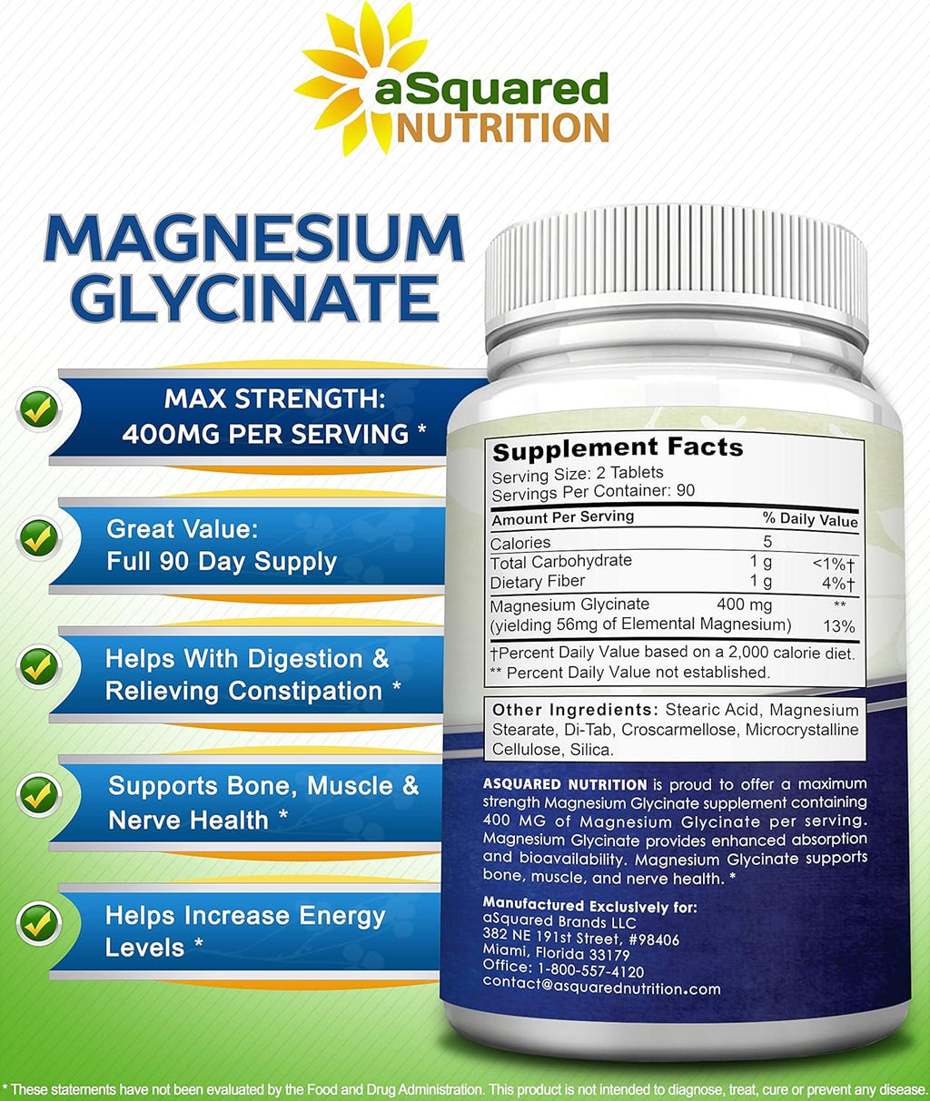 aSquare Nutritio Magnesiu Glycinat 400m 18 Tablet Ma Strengt Magnesiu Bisglycinat Supplemen -Maximu Bioavailabilit Absorption-Non-GM -No Buffered-Support Muscles Bone Heart
