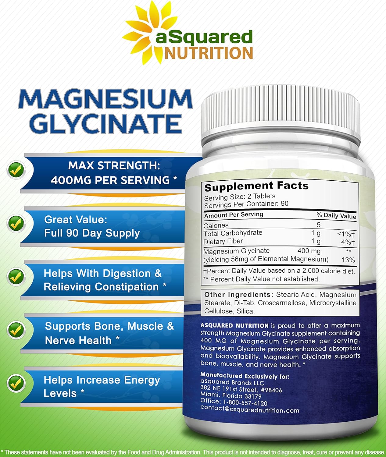 aSquare Nutritio Magnesiu Glycinat 400m 18 Tablet Ma Strengt Magnesiu Bisglycinat Supplemen -Maximu Bioavailabilit Absorption-Non-GM -No Buffered-Support Muscles Bone Heart