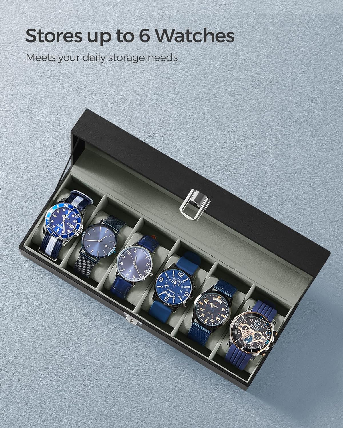 Watch Box, 6-Slot Watch Case Organizer with Large Glass Lid, Removable Pillows, Christmas Gift, Black Synthetic Leather, Greenish Gray Lining UJWB06BK