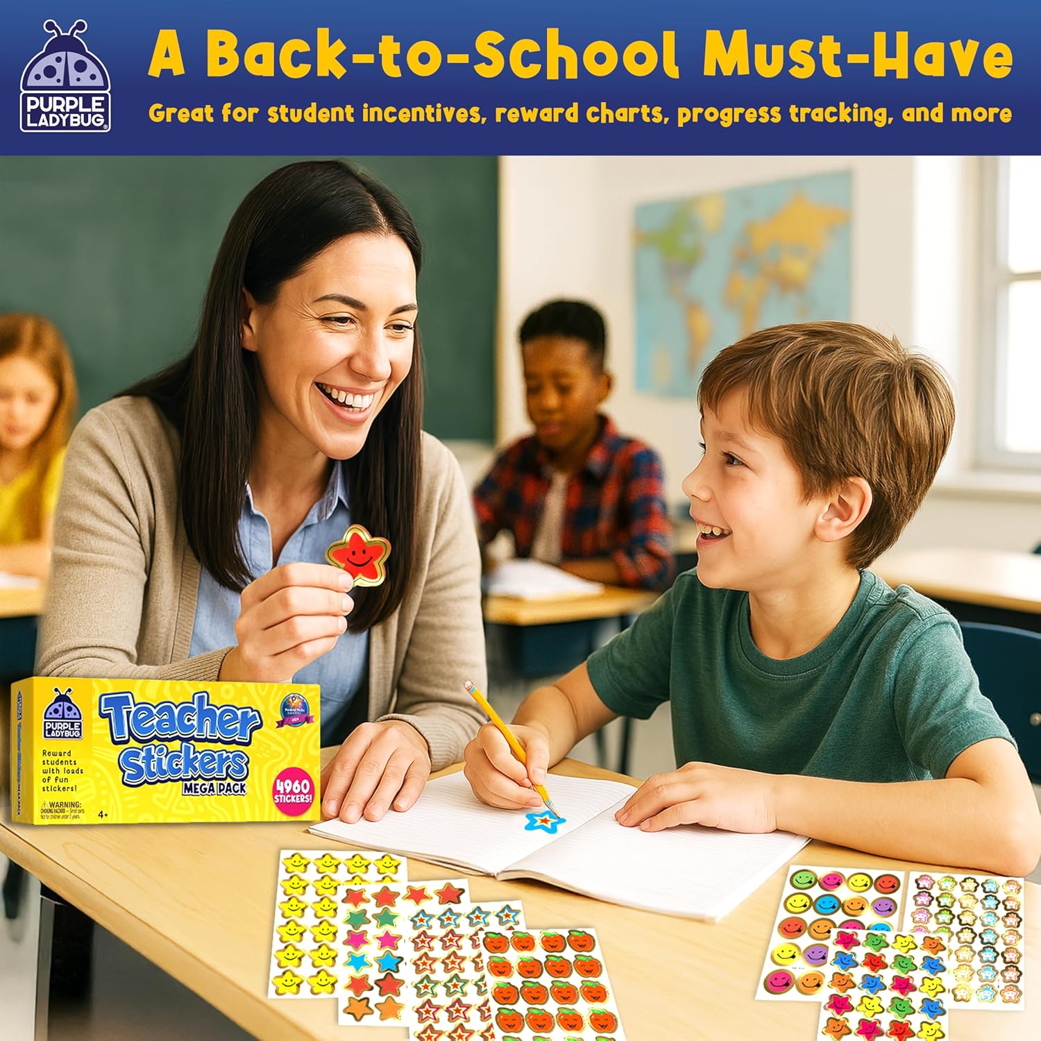 PURPLE LADYBUG Teacher Stickers for Students - 4960 Reward Stickers for Kids Classroom Supplies, Teacher Must-Haves for Classroom Reward Charts, Star, Back to School Gift