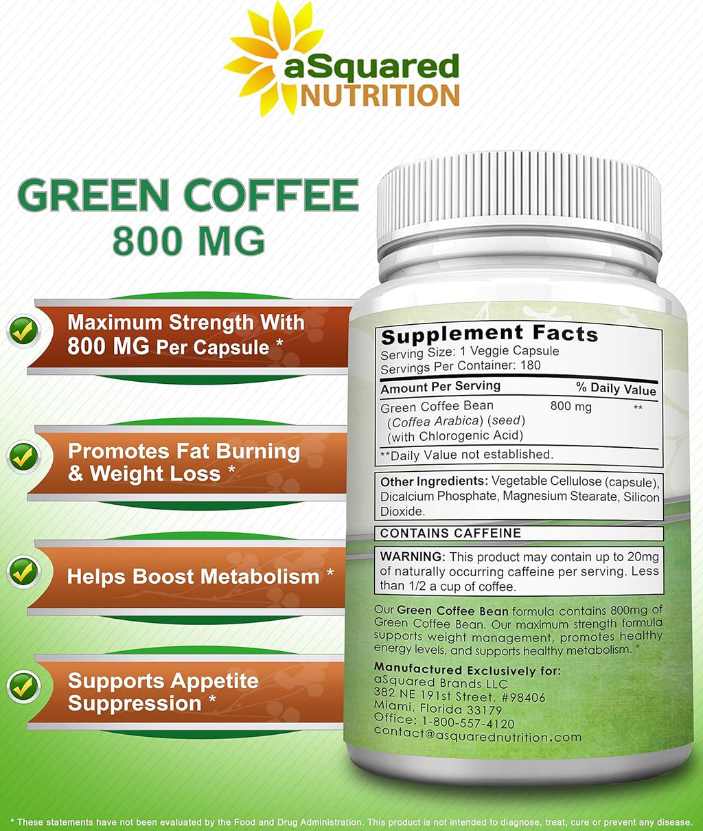 aSquare Nutritio Natura Gree Coffe Bea Formula-18 Capsules-Ma Strengt GC Antioxidan Cleans fo Pur Weigh Loss 800m pe Pill-Chlorogeni Acid-1600m Dail Supplement Health Fa Burner