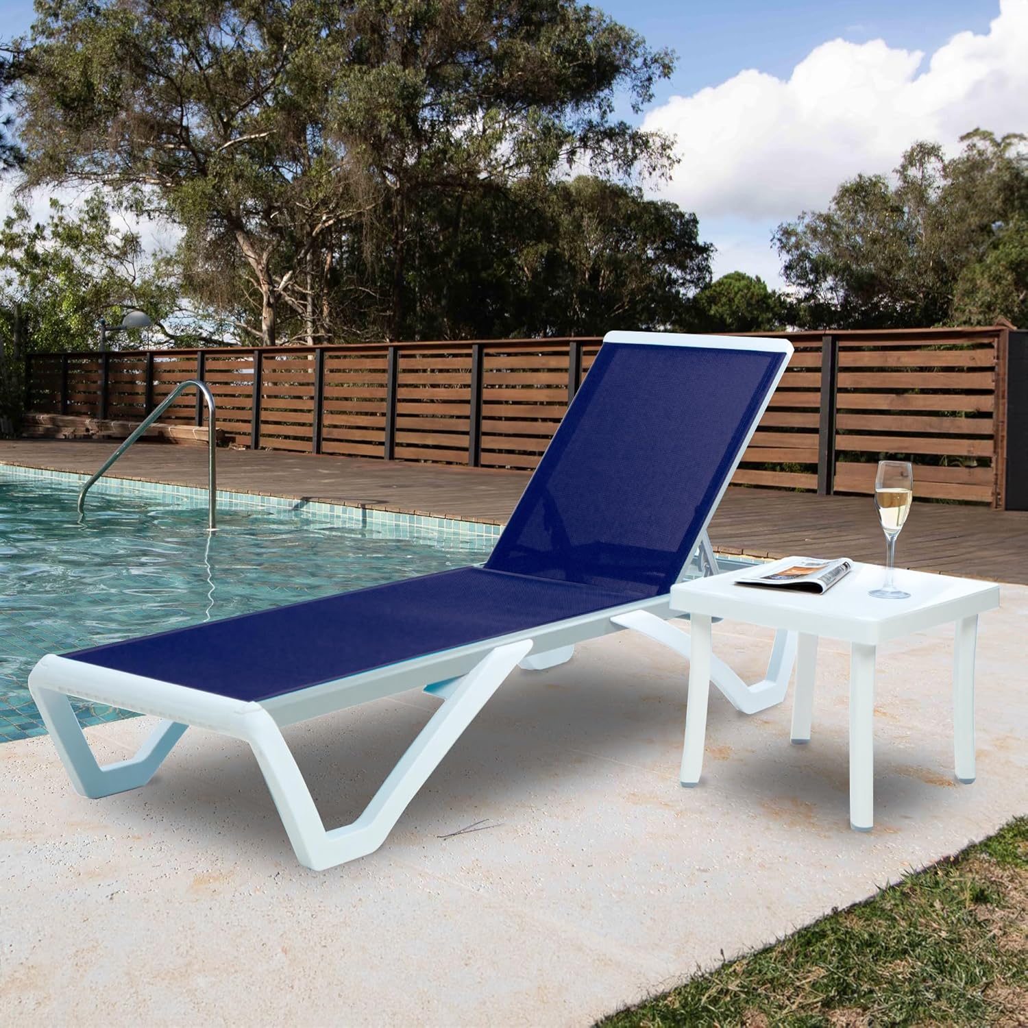 Kozyard Patio Chaise Lounge Chair - Full Flat Alumium & Resin Legs, Outdoor Reclining Adjustable Chair for Sunbathing, Beach, Patio, Lounge Set or Patio Table (NavyBlue Textilence W/Table)