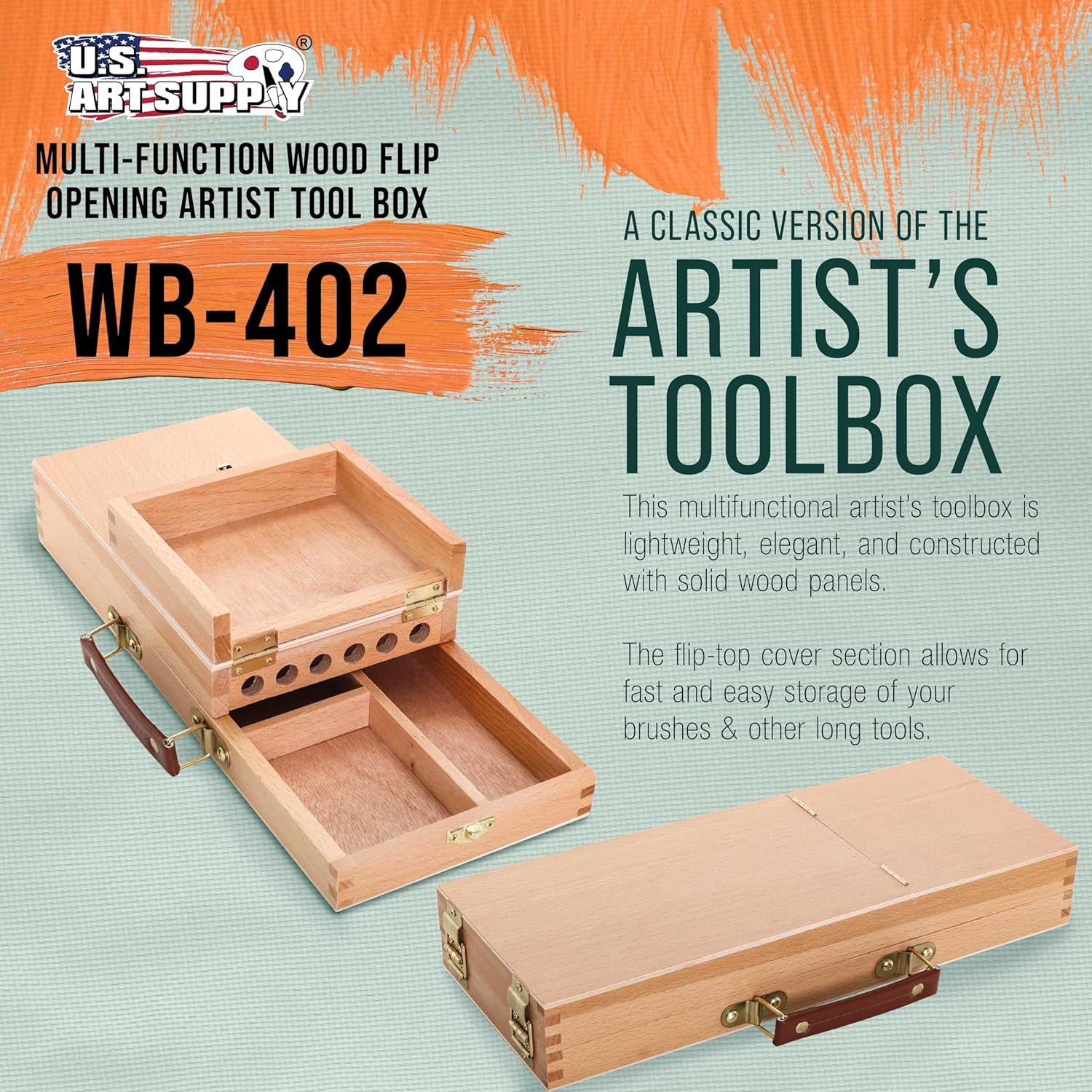 U.S Ar Suppl Multi-Functio Fli Ope Artis Suppl Bo wit Lockin Clasp Woode Ar Bo fo Artis Supplies Brushes Pencils Erasers Too Storag Organize Cas t Protec an Transport