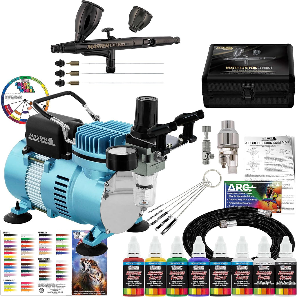 Maste Airbrus Coo Runne I Dua Fa Ai Compresso Syste Ki wit Maste Elit Plu Ultimat Airbrus Se wit Tip 0.2 0. 0. mm Case Dual-Action Cups Colo Acryli Pain Set