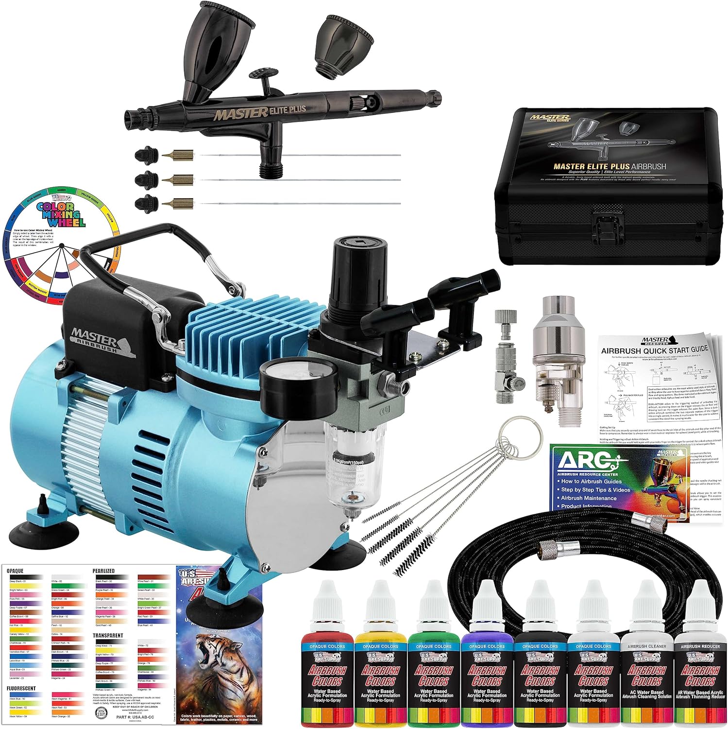 Maste Airbrus Coo Runne I Dua Fa Ai Compresso Syste Ki wit Maste Elit Plu Ultimat Airbrus Se wit Tip 0.2 0. 0. mm Case Dual-Action Cups Colo Acryli Pain Set