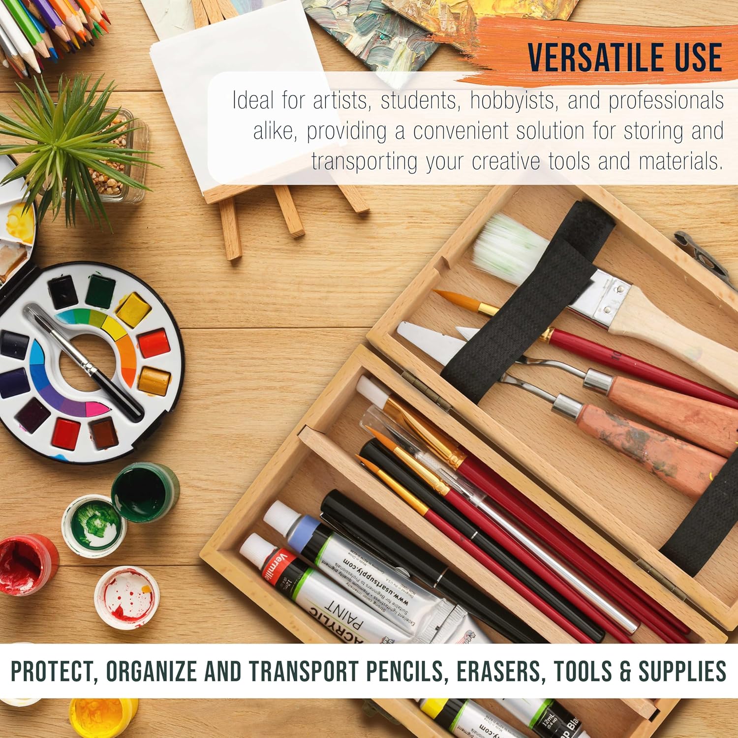 U.S Ar Suppl Multi-Functio Artis Suppl Bo wit Lockin Clasp Woode Ar Bo fo Artis Supplies Brushes Pencils Erasers Too Storag Organize Cas t Protec an Transport