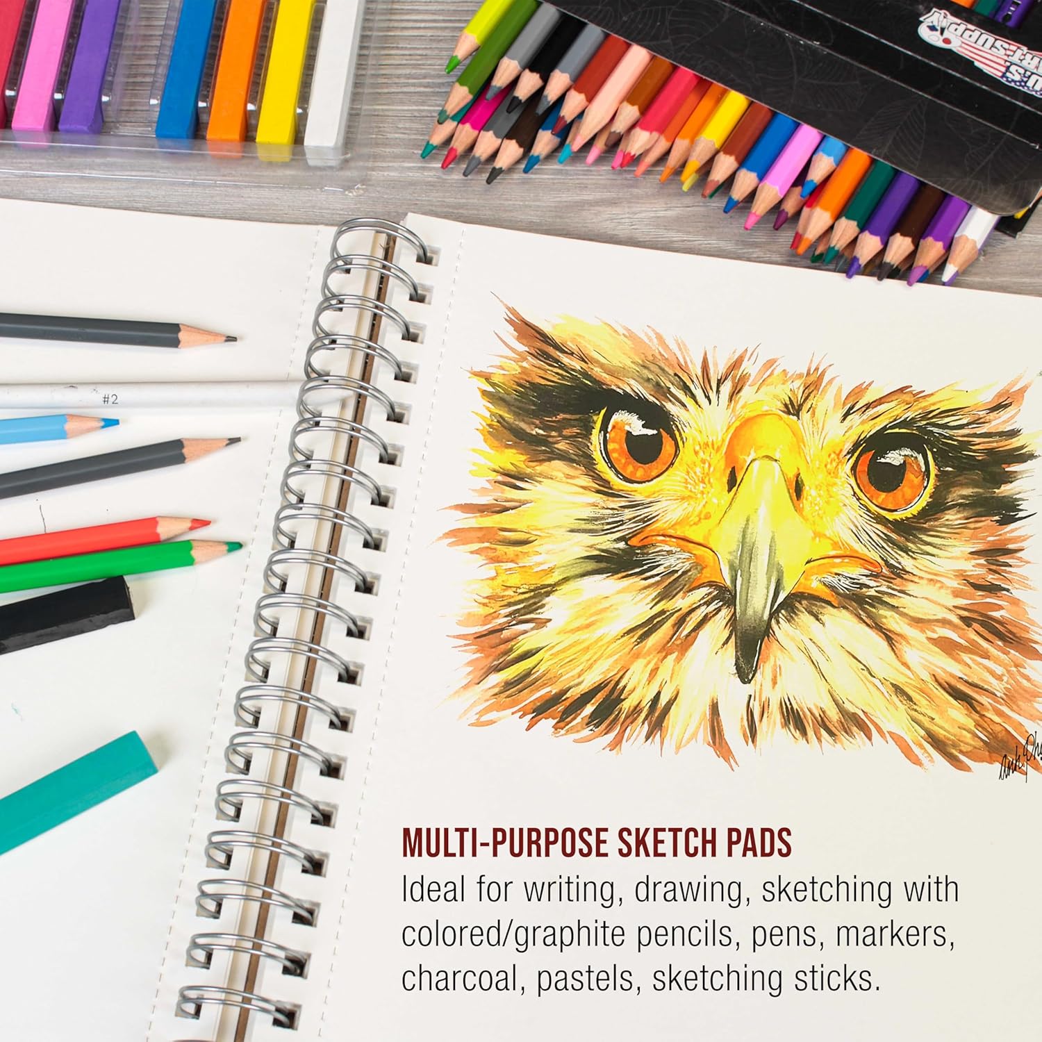 U.S. Art Supply 8inchx10inch Sketch Book Pad, 2 Pack (100 Sheets Each), 60lb (100gsm) Spiral Bound - Sketching, Drawing Pad, Acid-Free Paper - Sketch Pads for Adults, Students: Colored Pencils, Charcoal