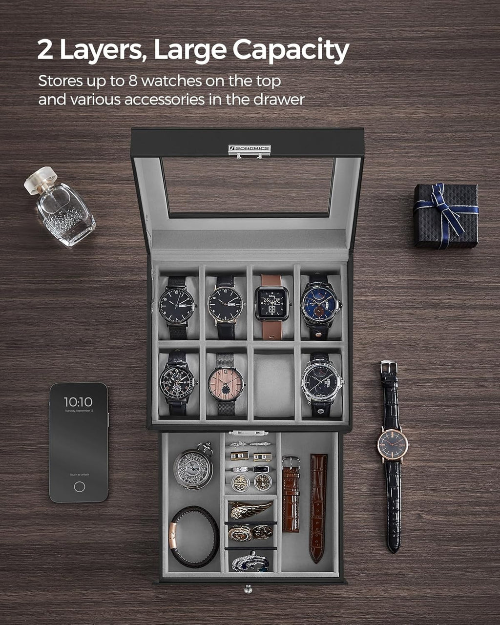 Watch Box, 8-Slot Watch Case Organizer with Large Glass Lid, 2 Layers, Removable Pillows, Metal Lock, Black Synthetic Leather, Christmas Gift, Greenish Gray Lining UJWB080G01