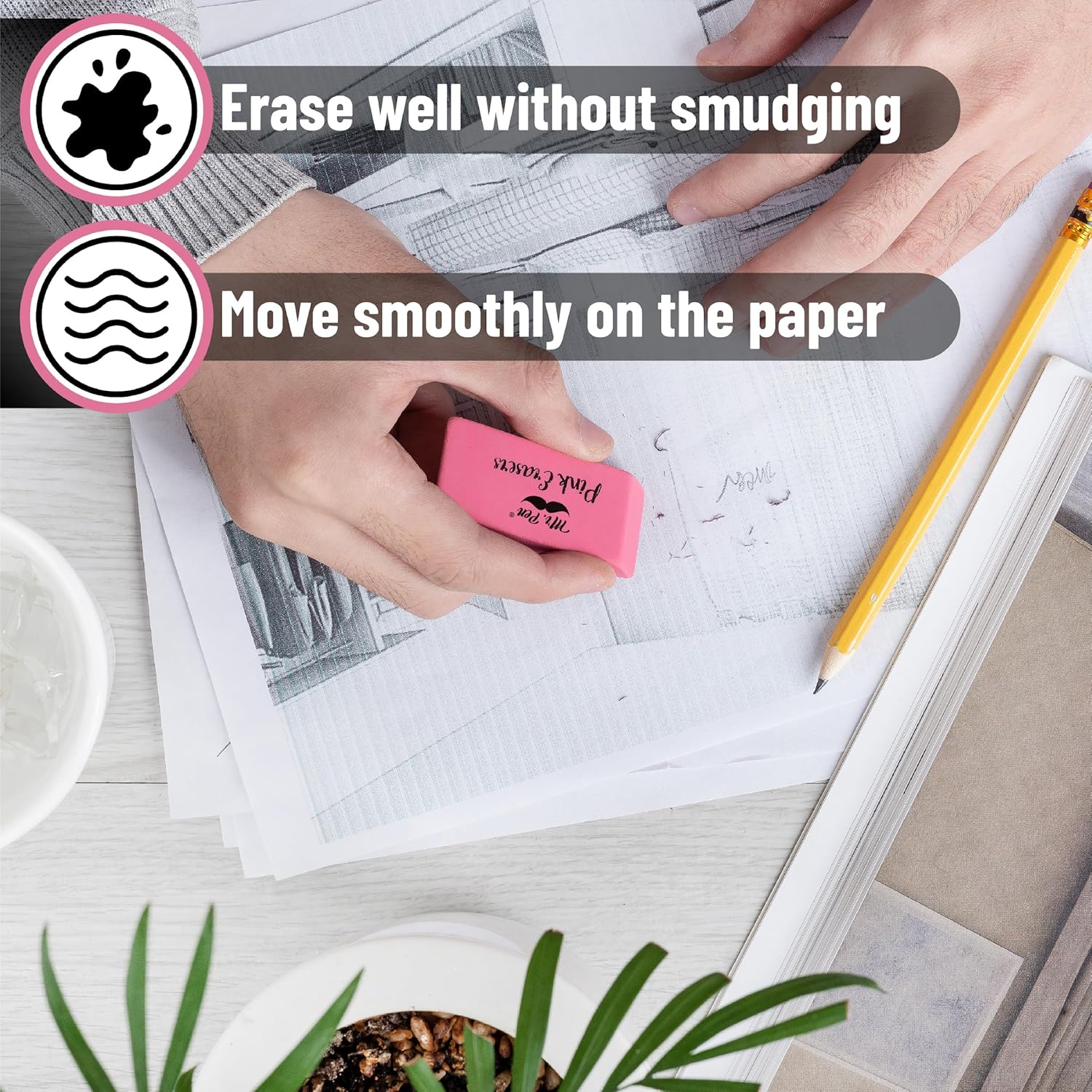 Pink Pencil Erasers, Large, Pack of 12