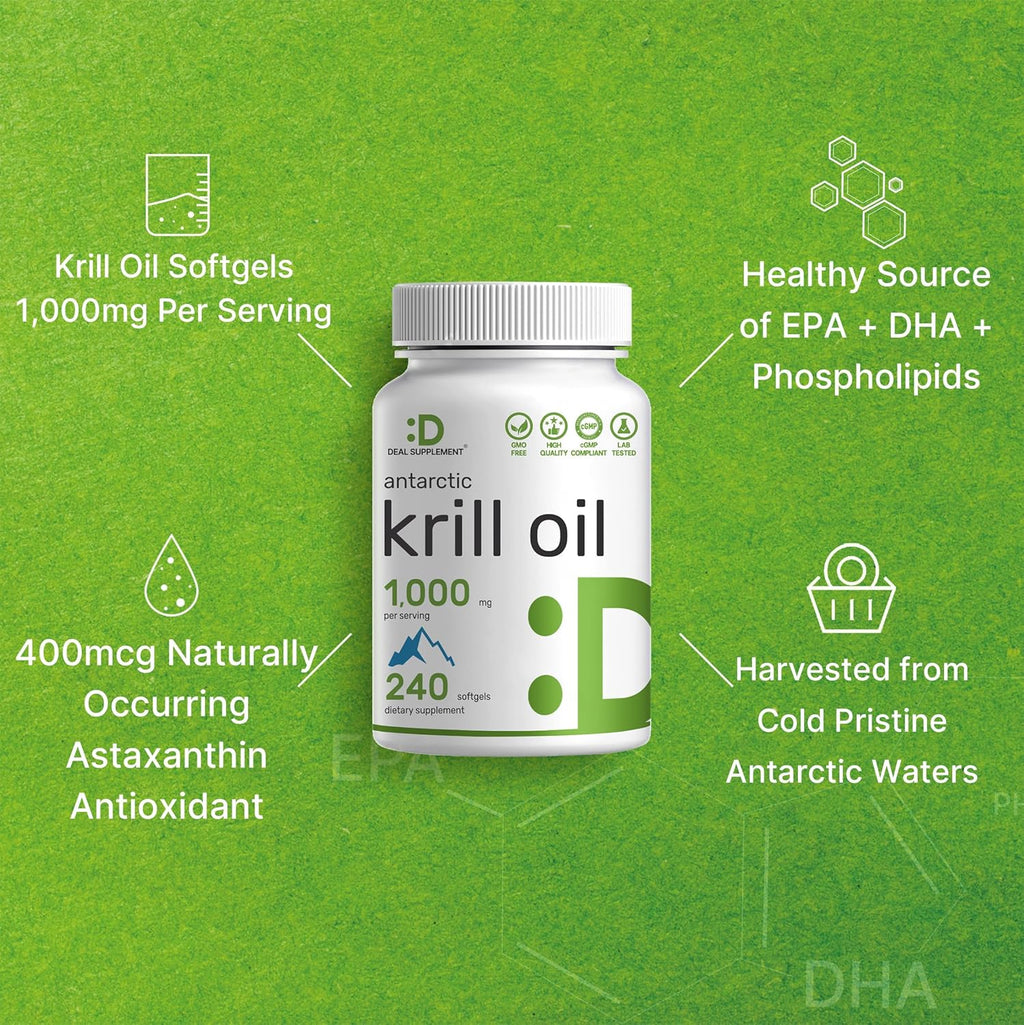 DEAL SUPPLEMENT Antarctic Krill Oil, 1,000mg Per Serving, 240 Softgels ¨C Mercury Free, No Fishy Taste ¨C Rich in Omega-3s, EPA, DHA, Astaxanthin, & Phospholipids ¨C Non-GMO, No Gluten