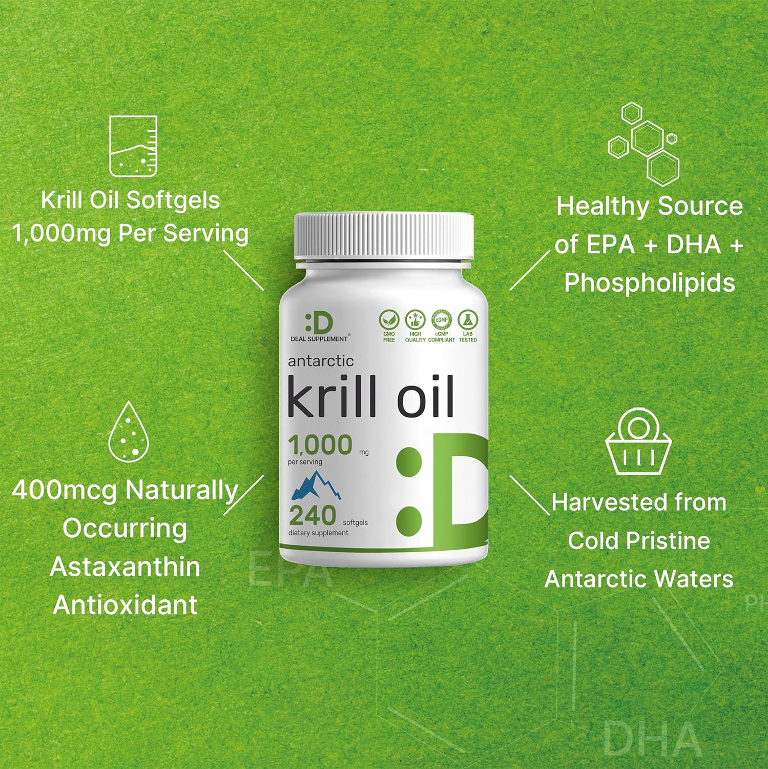 DEAL SUPPLEMENT Antarctic Krill Oil, 1,000mg Per Serving, 240 Softgels ¨C Mercury Free, No Fishy Taste ¨C Rich in Omega-3s, EPA, DHA, Astaxanthin, & Phospholipids ¨C Non-GMO, No Gluten