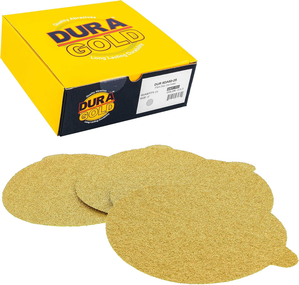 Dura-Gold Premium 6inch Gold PSA Sanding Discs - 60 Grit, Box of 25 - Self Adhesive Stickyback Sandpaper for DA Sander, Finishing Coarse-Cut Abrasive - Sand Automotive Car Paint, Woodworking Wood, Metal