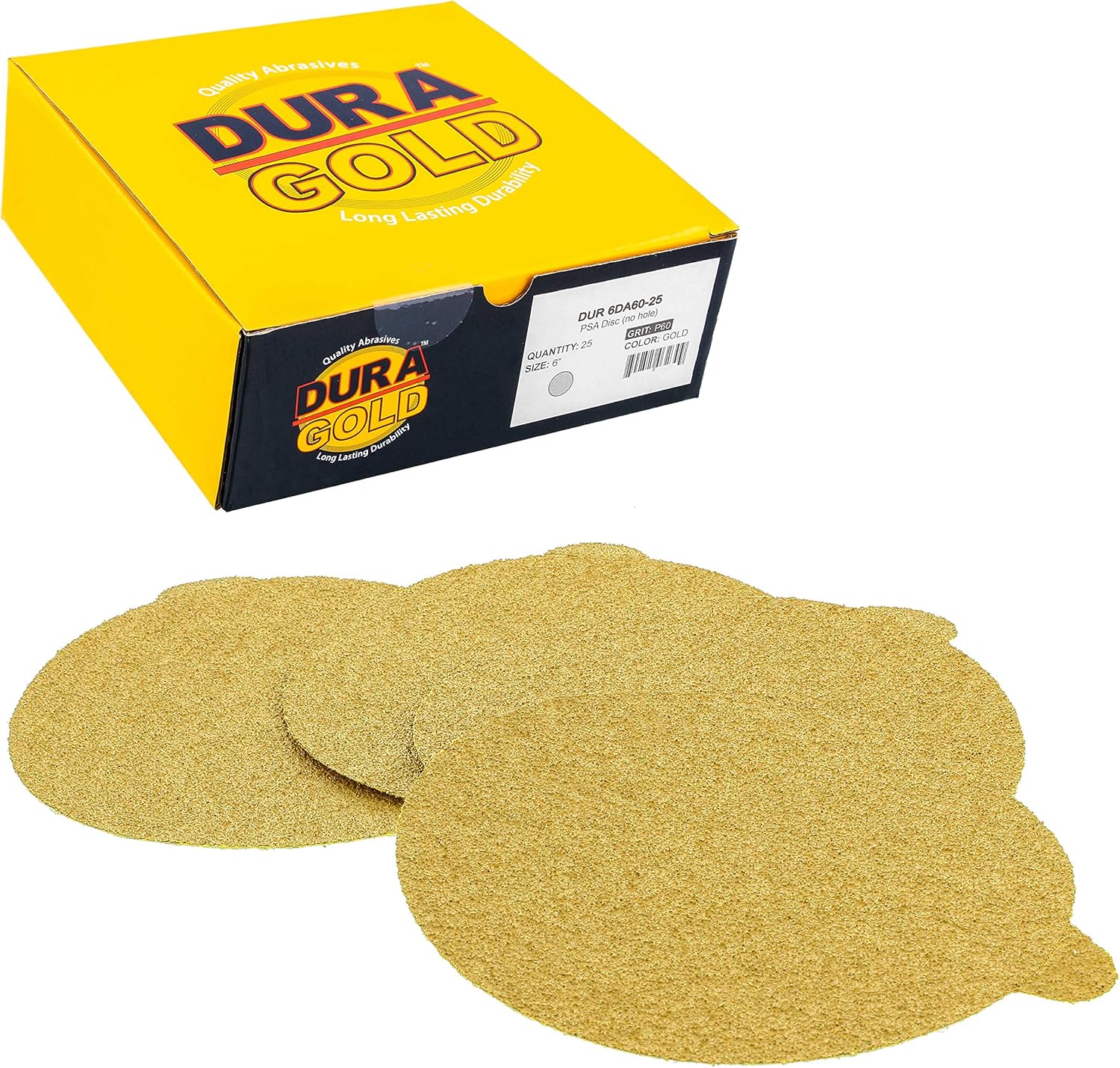 Dura-Gold Premium 6inch Gold PSA Sanding Discs - 60 Grit, Box of 25 - Self Adhesive Stickyback Sandpaper for DA Sander, Finishing Coarse-Cut Abrasive - Sand Automotive Car Paint, Woodworking Wood, Metal