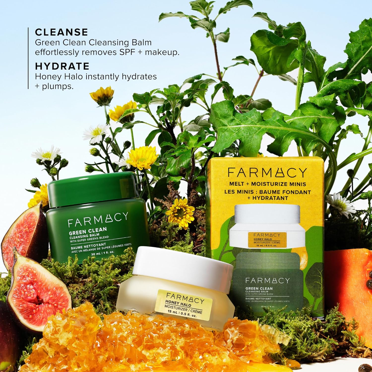 Farmacy Melt Moisturize Duo - Travel Size Skin Care Set with Green Clean Makeup Remover Balm Honey Halo Moisturizer Face Cream - Cleanses Skin Hydrates for a Plump, Dewy Glow (2 Count)