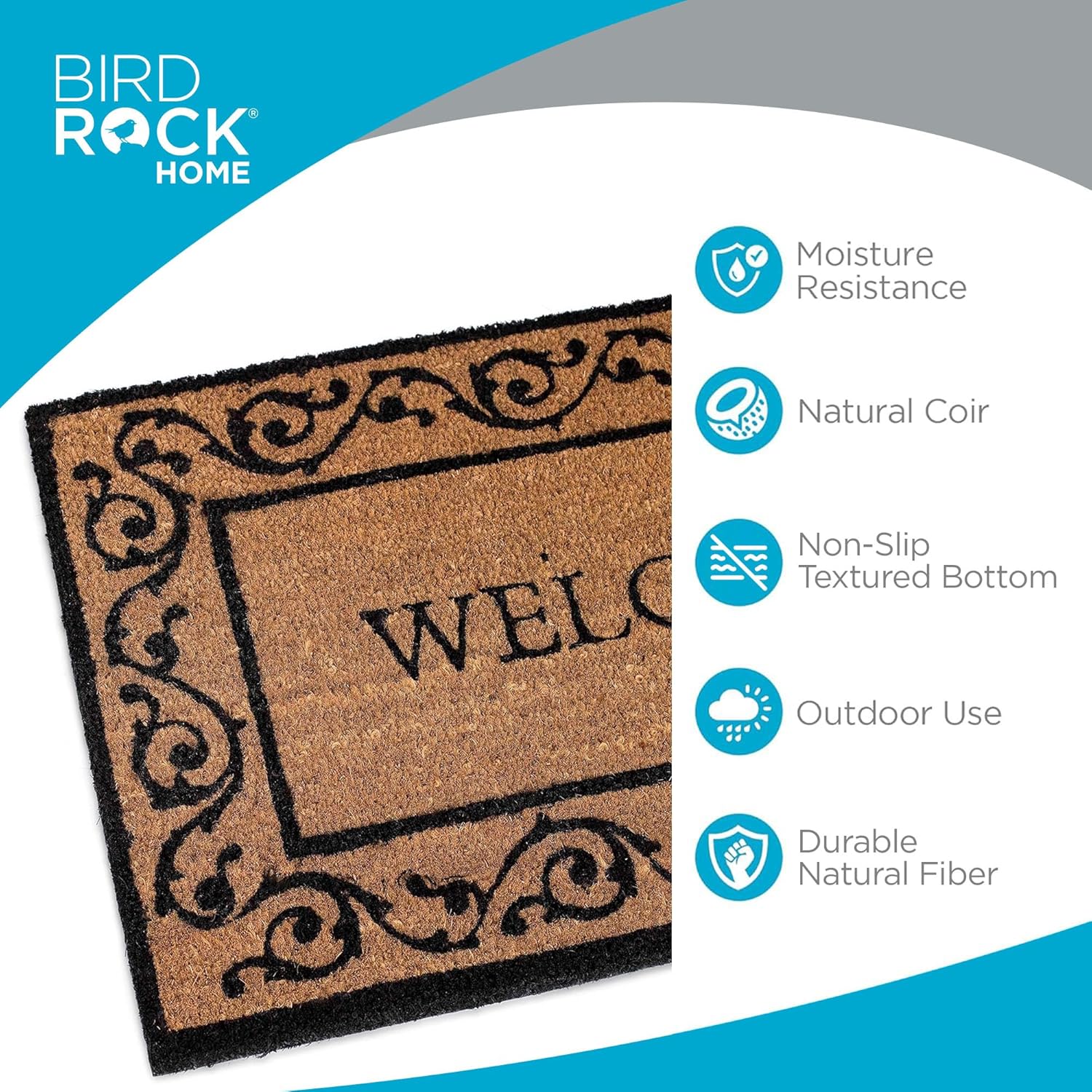 BIRDROCK HOME Welcome Coir Doormat with Scroll Border | 18 x 30 Inch | Standard Welcome Mat with Black Decorative Border | Natural Fade | Vinyl Backed | Outdoor