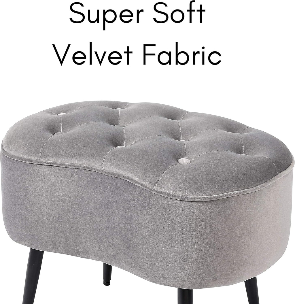 BIRDROCK HOME Tufted Oblong Velvet Ottoman - Mid Century Modern Design Furniture with Steel Legs - Soft, Compact, Padded Foot Stool for Living Room, Office and Bedroom- Grey Velvet, 22.5x15 Inches
