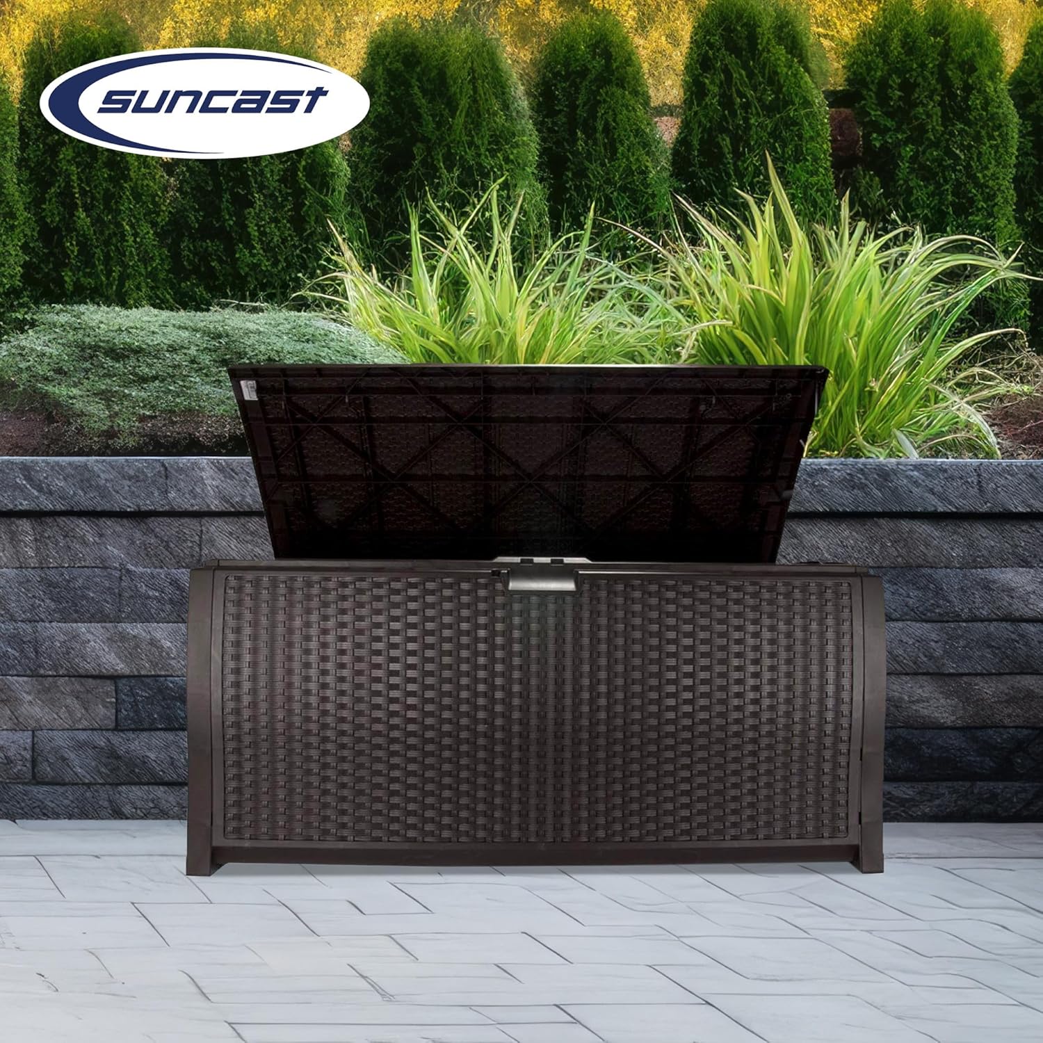 99 Gallon Plastic Wicker Deck Box Container Storage for Garden, Garage, Home, Pool, Indoor and Outdoor Use, Mocha (2 Pack)