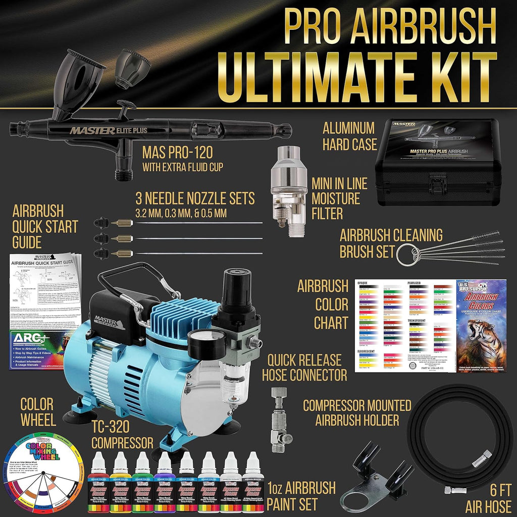 Maste Airbrus Coo Runne I Dua Fa Ai Compresso Syste Ki wit Maste Elit Plu Ultimat Airbrus Se wit Tip 0.2 0. 0. mm Case Dual-Action Cups Colo Acryli Pain Set