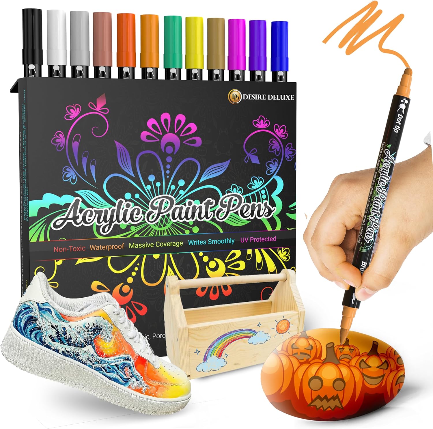 Desire Deluxe Acrylic Paint Pens for Rock Painting, Stone, Ceramic, Glass, Wood, Canvas ¨C Set of 12 Non Toxic Water Based Markers - Great Artists Painting Supplies