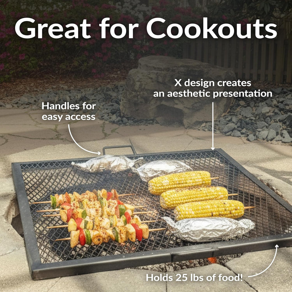 Sunnydaze X-Marks Fire Pit Cooking Grate - Outdoor Square Black Steel BBQ Campfire Grill with Handles - 40-Inch