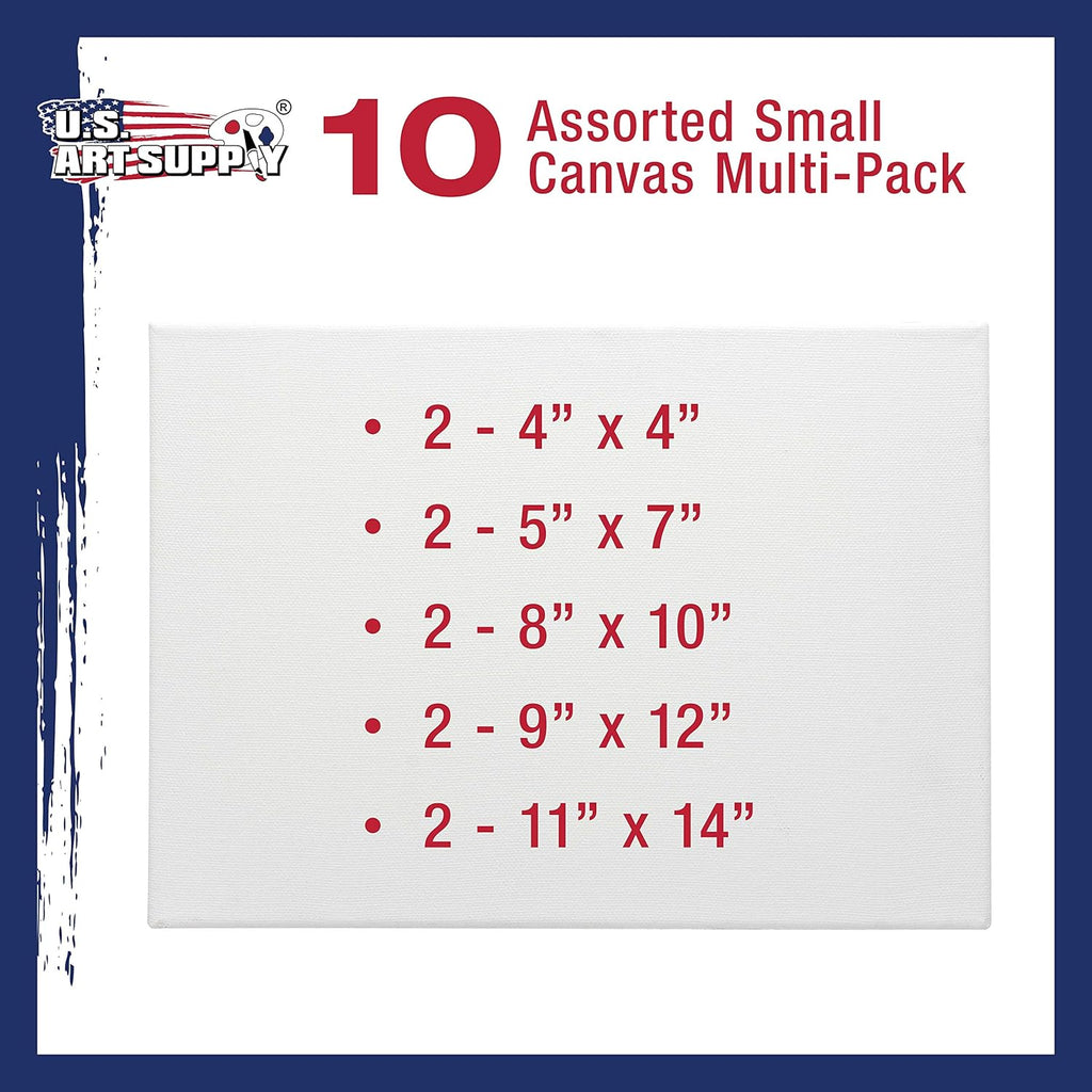 U.S. Art Supply Professional Quality Stretched Canvas, Multipack of 10 Small Sizes, 2 Each 4x4, 5x7, 8x10, 9x12, 11x14 Inches - 12-Ounce Primed, 3/4inch, 100% Cotton - Painting, Acrylic Pouring, Oil