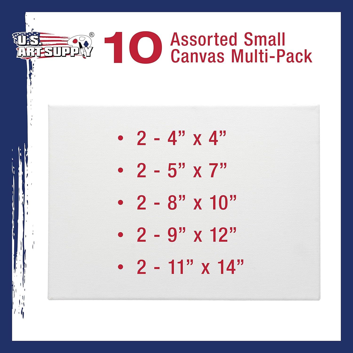 U.S. Art Supply Professional Quality Stretched Canvas, Multipack of 10 Small Sizes, 2 Each 4x4, 5x7, 8x10, 9x12, 11x14 Inches - 12-Ounce Primed, 3/4inch, 100% Cotton - Painting, Acrylic Pouring, Oil