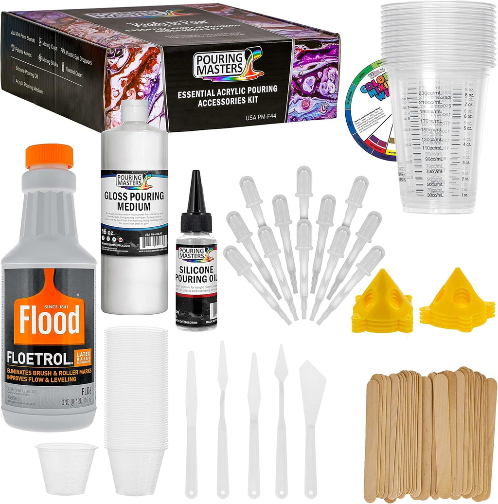 U.S Ar Suppl  Quar Floetro Additiv Pourin Suppl Pain Mediu Delux Ki fo Mixing Epoxy Resi Silicon Oil, an 1 Ounc Plasti Cups Min Paintin Stands Sticks Pallet Knifes
