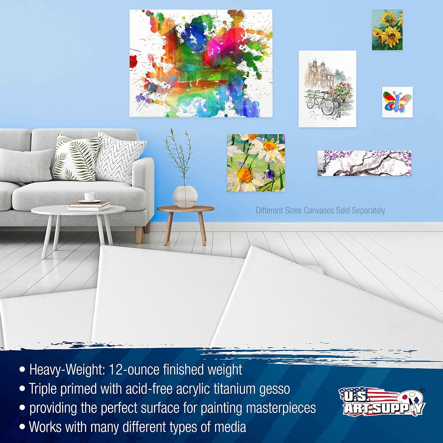 U.S. Art Supply 20 x 20 inch Stretched Canvas 12-Ounce Triple Primed, 3-Pack - Professional Artist Quality White Blank 3/4inch Profile, 100% Cotton, Heavy-Weight Gesso - Acrylic Pouring, Oil Painting