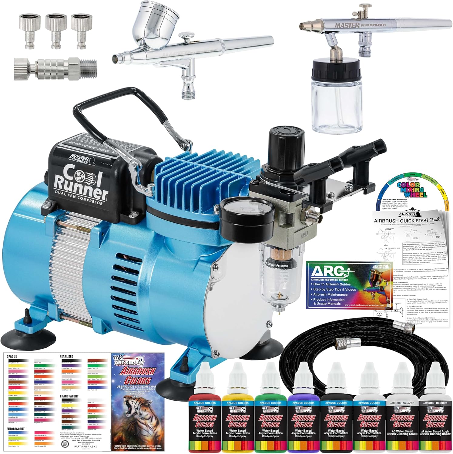 Maste Airbrus Coo Runne I Ai Brus Ki wit Dua Fa Compresso  Airbrushe Include Primar Acryli Pain Color Artis Set How-t Guide Colo Char Hose