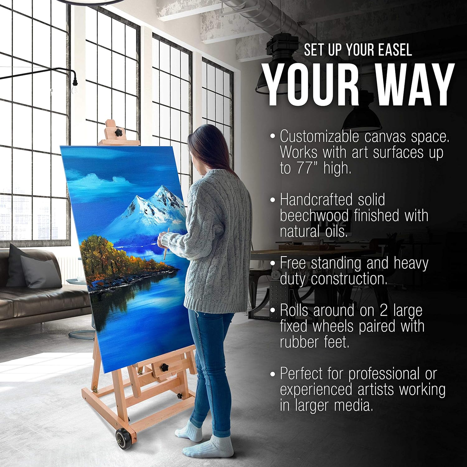 U.S Ar Suppl Maste Multi-Functio Studi Artis Woode Floo Ease Larg Heav Dut Adjustabl H-Frame Tilt Flat Mas Adjust t 97inc Hig Beechwoo Paintin Canva Holde Stan wit Wheels